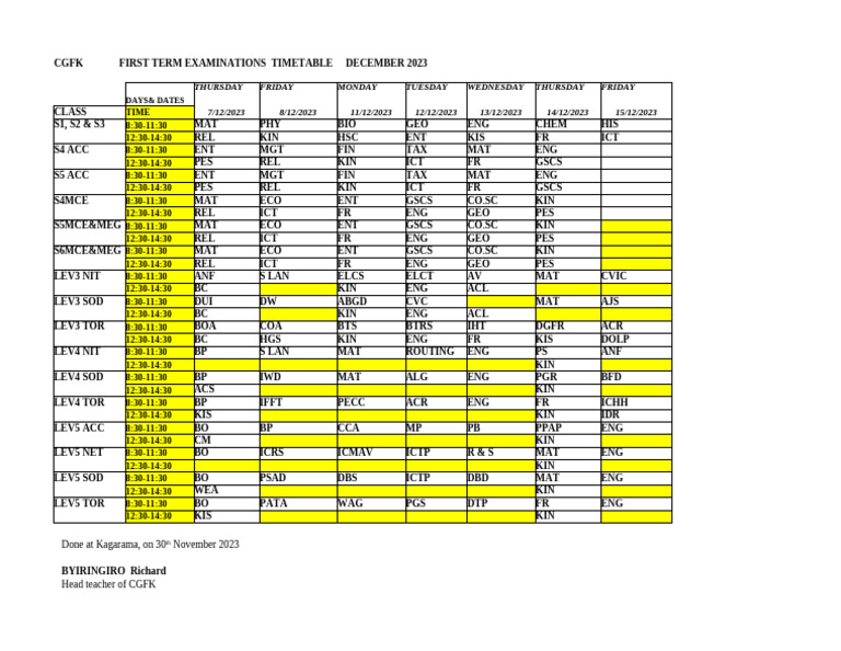 CGFK December 2023 Exam Timetable | PDF