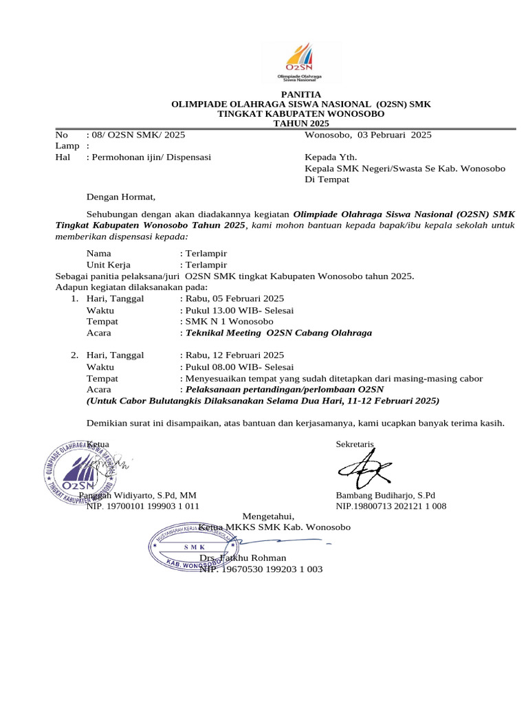O2SN SMK Wonosobo 2025: Izin Dispensasi | PDF