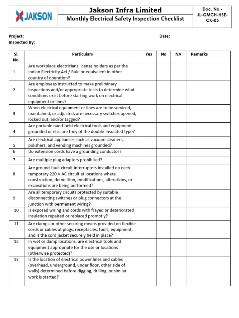 Doc. No.-JL-HSE-CK-05-Monthly Electrical Safety Inspection Checklist ...