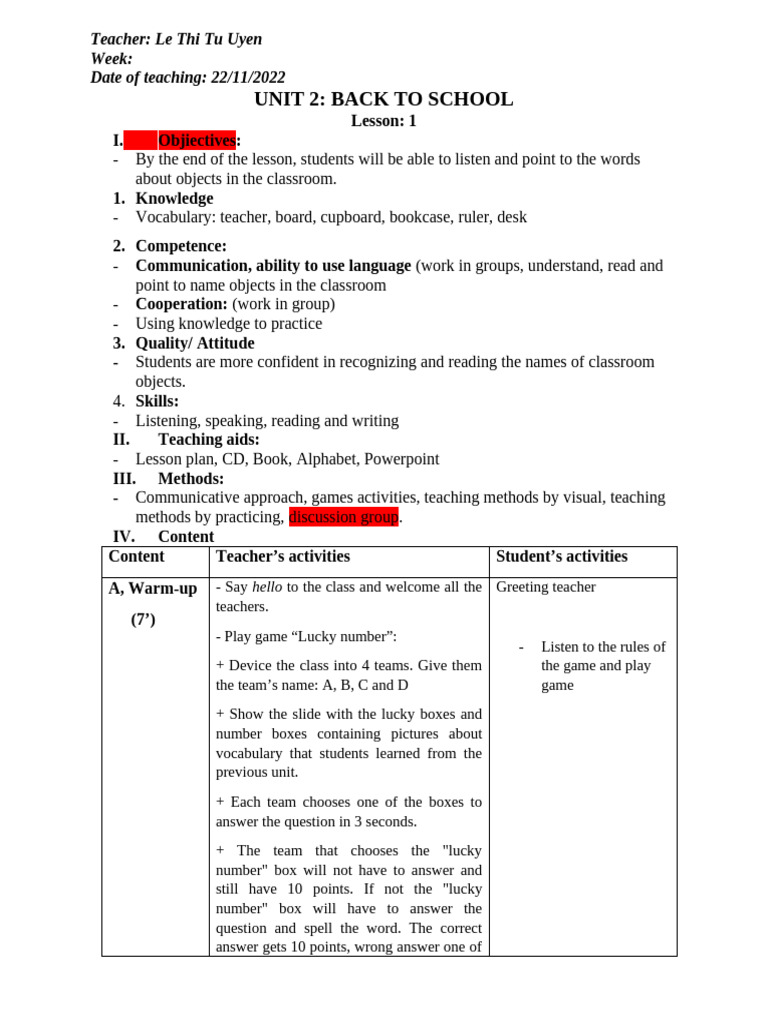 Classroom Vocabulary Lesson Plan | PDF | Classroom | Teachers