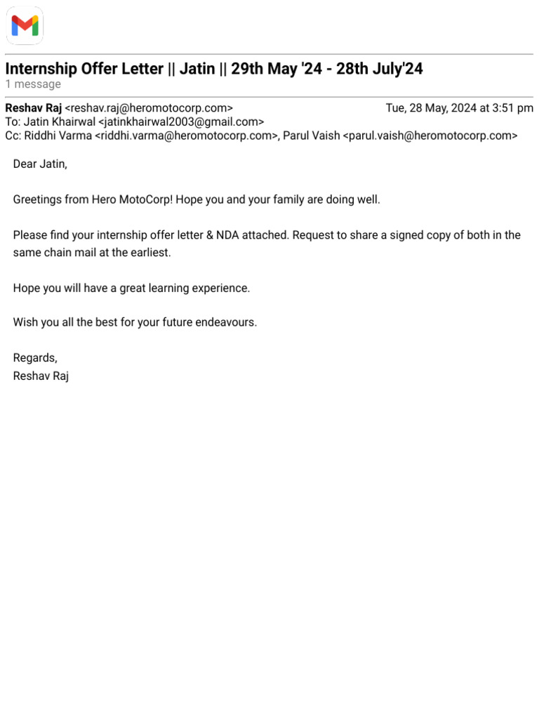 Gmail - Internship Offer Letter - Jatin - 29th May '24 - 28th July'24 | PDF