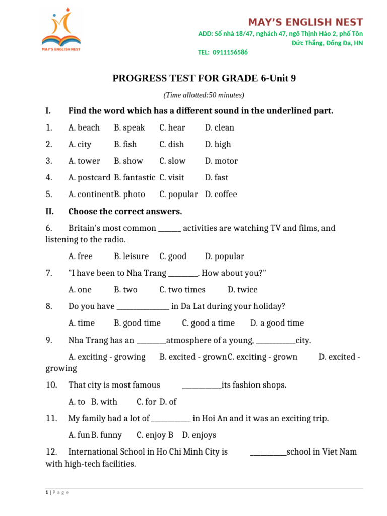 Grade 6 Progress Test - Unit 9 | PDF
