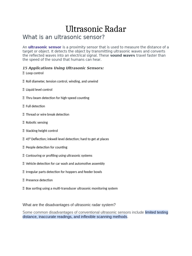 Ultrasonic Radar: Applications & Limitations | PDF