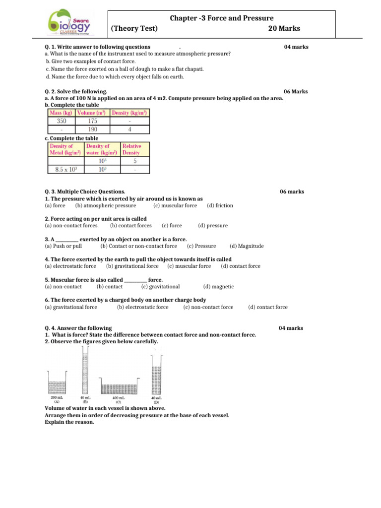 8th Sci Test Chapter 3 Force and Pressure - 2 | PDF | Force | Pressure