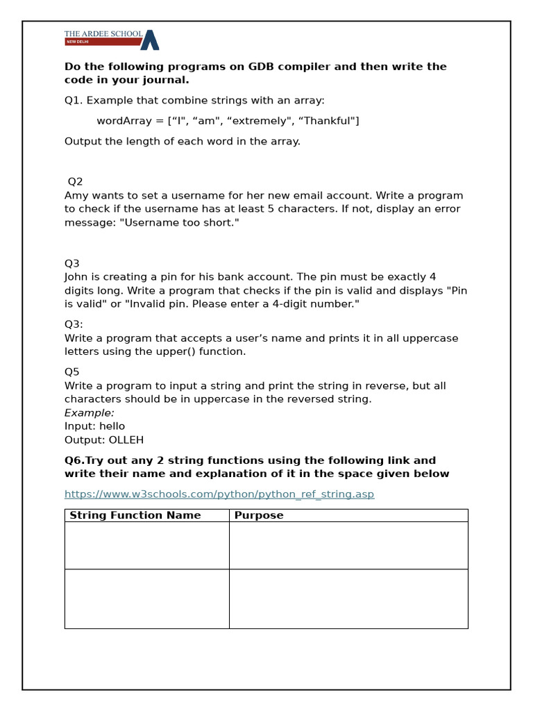 String Functions Worksheet | PDF
