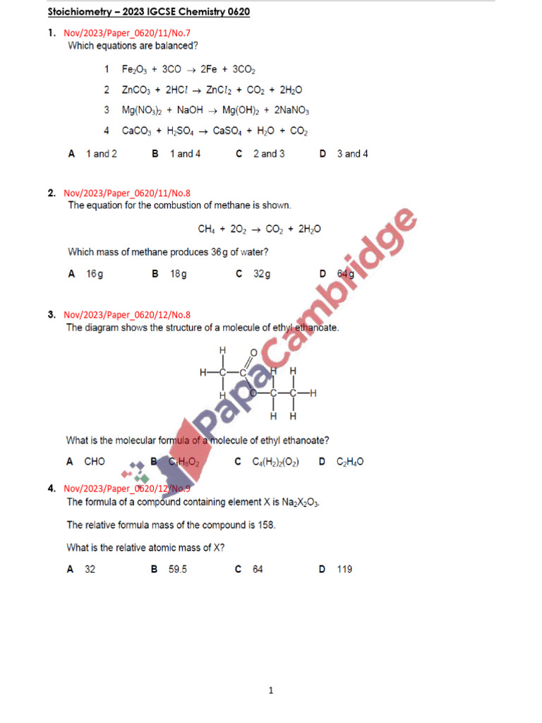 IGCSE Chemistry Stoichiometry Practice | PDF