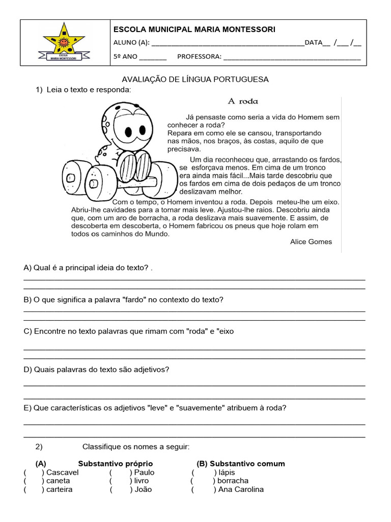 Avaliação de Português 5°ano 1°trimestre | PDF