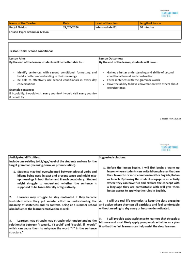 Second Conditional Grammar Lesson Plan | PDF | Verb | Learning