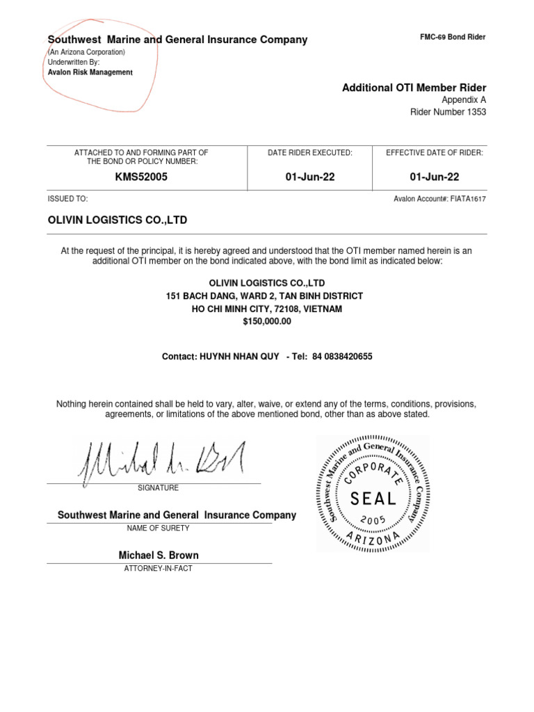 FMC-69 Bond Rider for Olivin Logistics | PDF | Risk | Private Sector