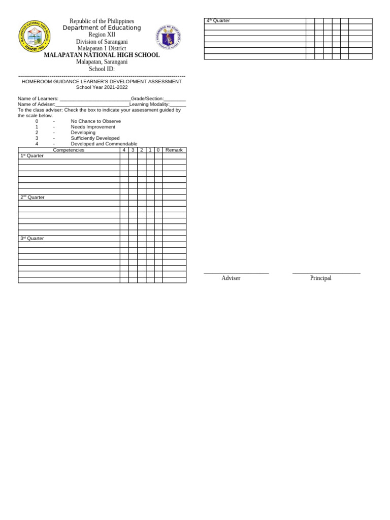 Homeroom Guidance Assessment Form | PDF