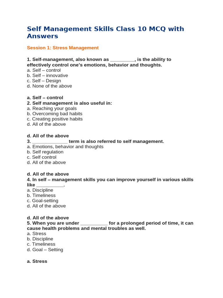 Class 10 Self Management Skills MCQs | PDF | Stress (Biology ...