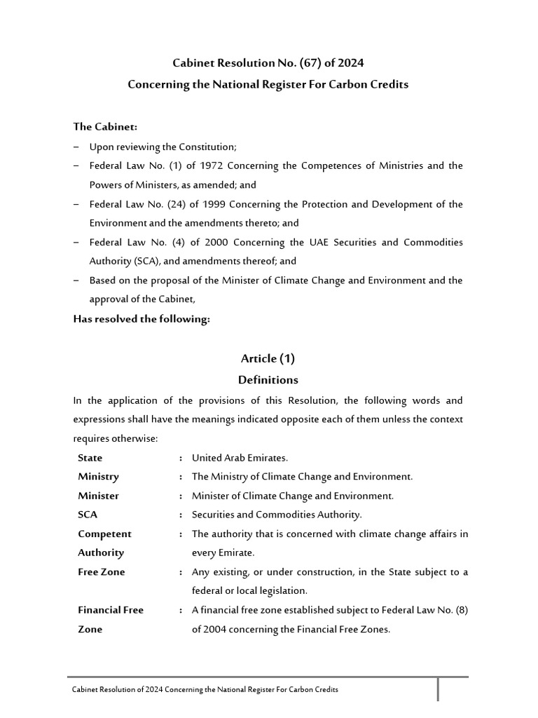 UAE 2024 Carbon Credits Register Resolution | PDF | Greenhouse Gas ...