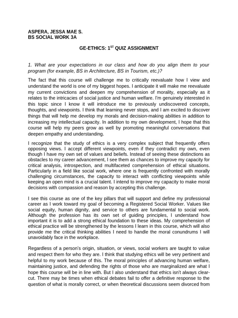 BSSW 3a-Aspera, J. Ethics-Assignment | PDF | Morality | Critical Thinking