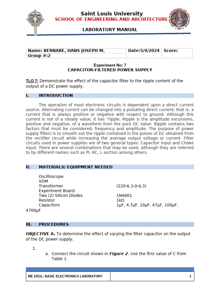 BasicElecLab Expt7 Individual Report | PDF | Rectifier | Capacitor