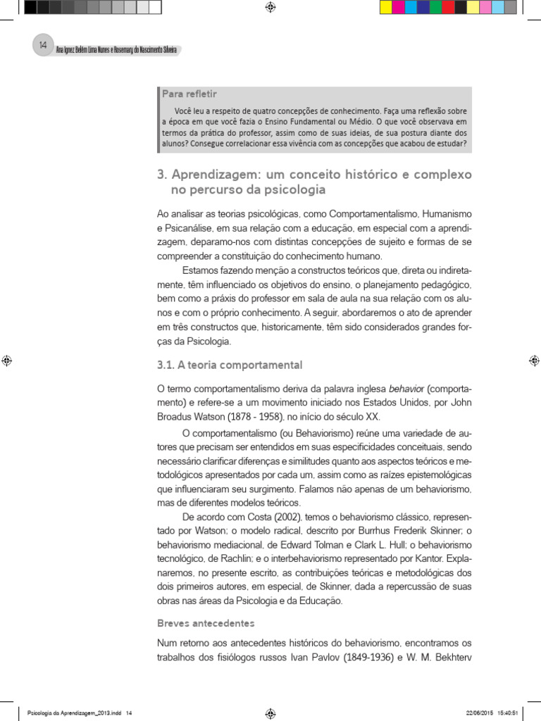 Teorias da Aprendizagem na Psicologia | PDF | Behaviorismo | Aprendizado