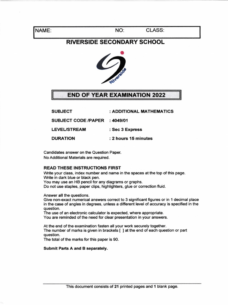 A-Math - Sec 3 - SA 2 - 2022 - riverside sec | PDF | Elementary ...