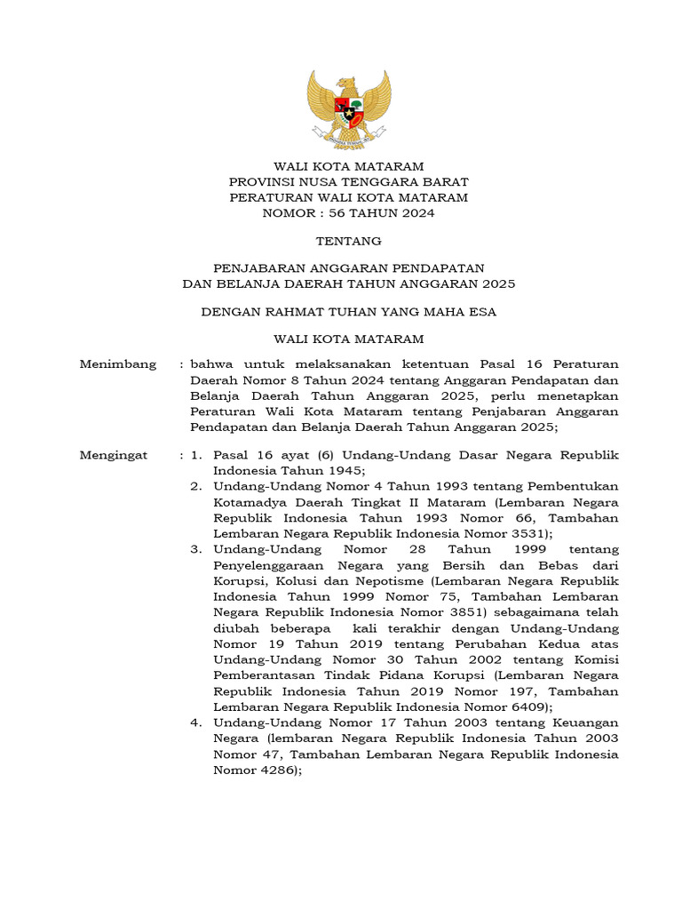 Perwal No 56 Tahun 2024 Penjabaran Apbd Kota Mataram Ta. 2025 - Final | PDF