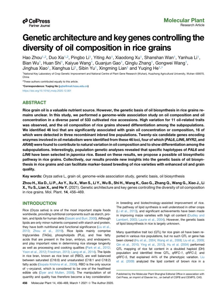 Key Genes for Rice Grain Oil Diversity | PDF | Genome Wide Association ...