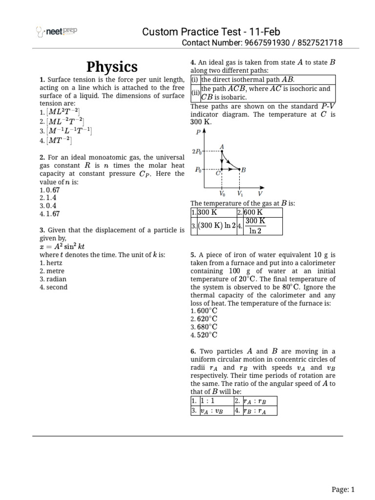 Test - 1 | PDF | Gases | Heat Capacity
