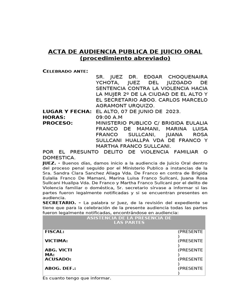 Acta de Juicio Oral por Violencia Familiar | PDF | Justicia | Crimen y ...