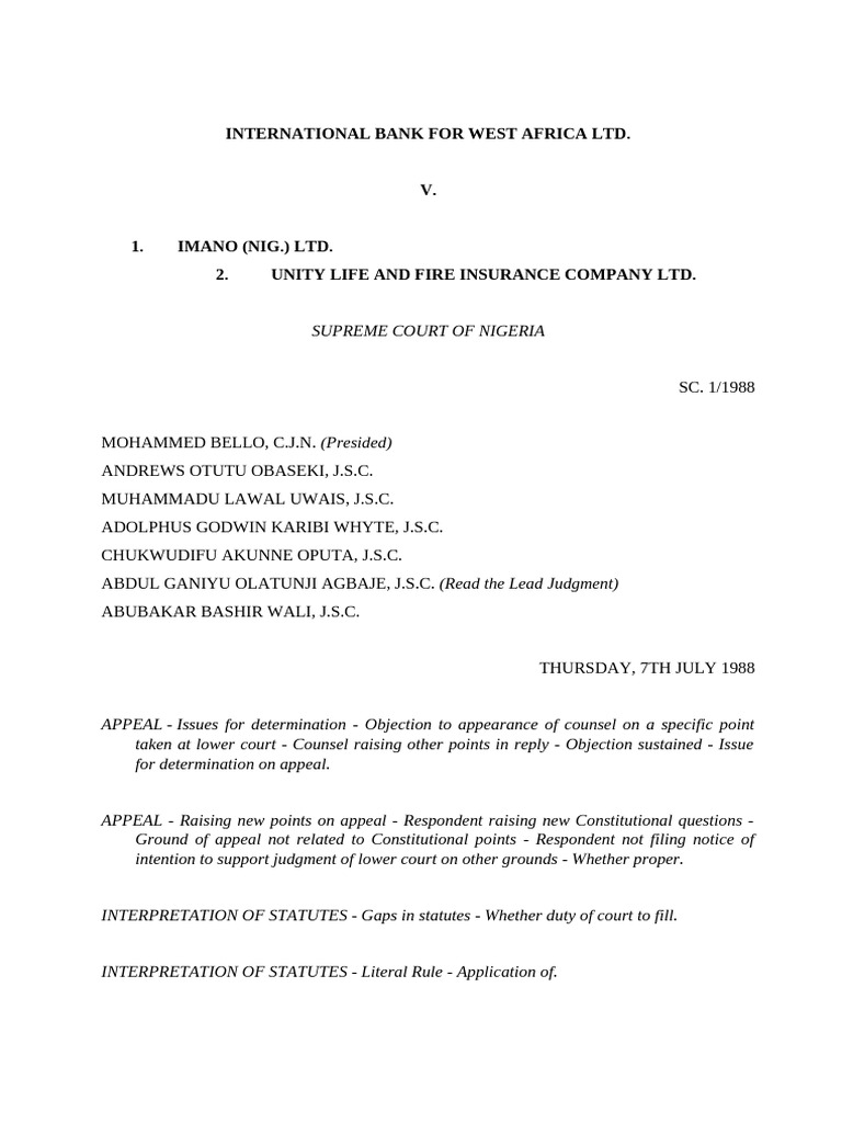 IBWA Ltd v. Imano Nigeria Ltd. (1988) 3 NWLR 633 | PDF | Statutory ...