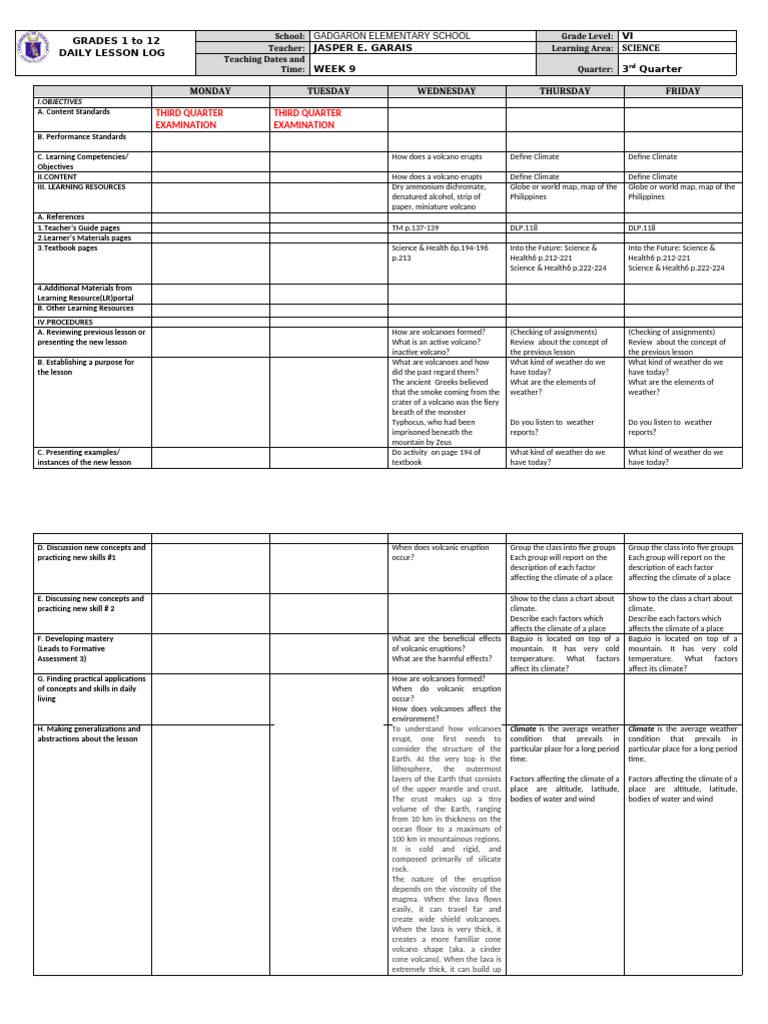 Grade VI Science Daily Lesson Log | PDF | Volcano | Lava