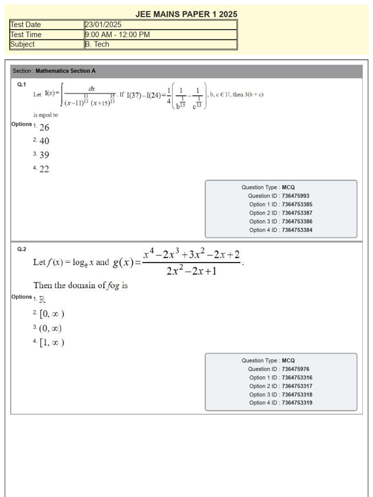 JEE Mains 2025 Mathematics & Science MCQs | PDF | Multiple Choice ...