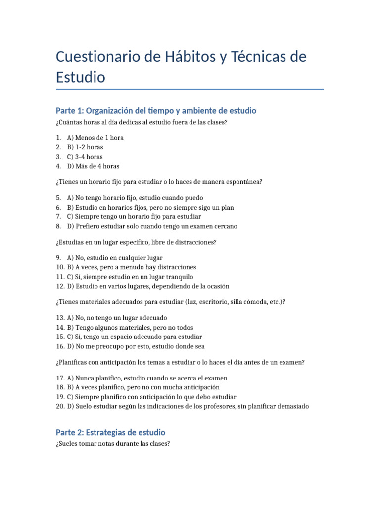 Cuestionario sobre Hábitos de Estudio | PDF