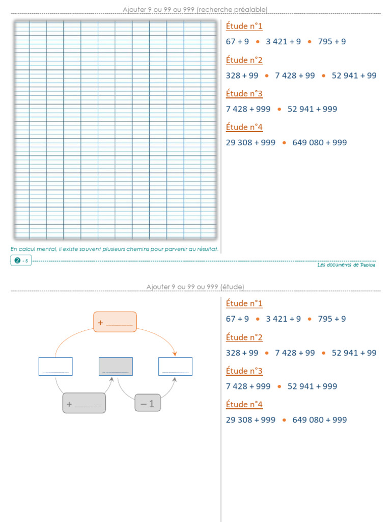 Exercices de calcul mental : Ajouter 9, 99, 999 | PDF