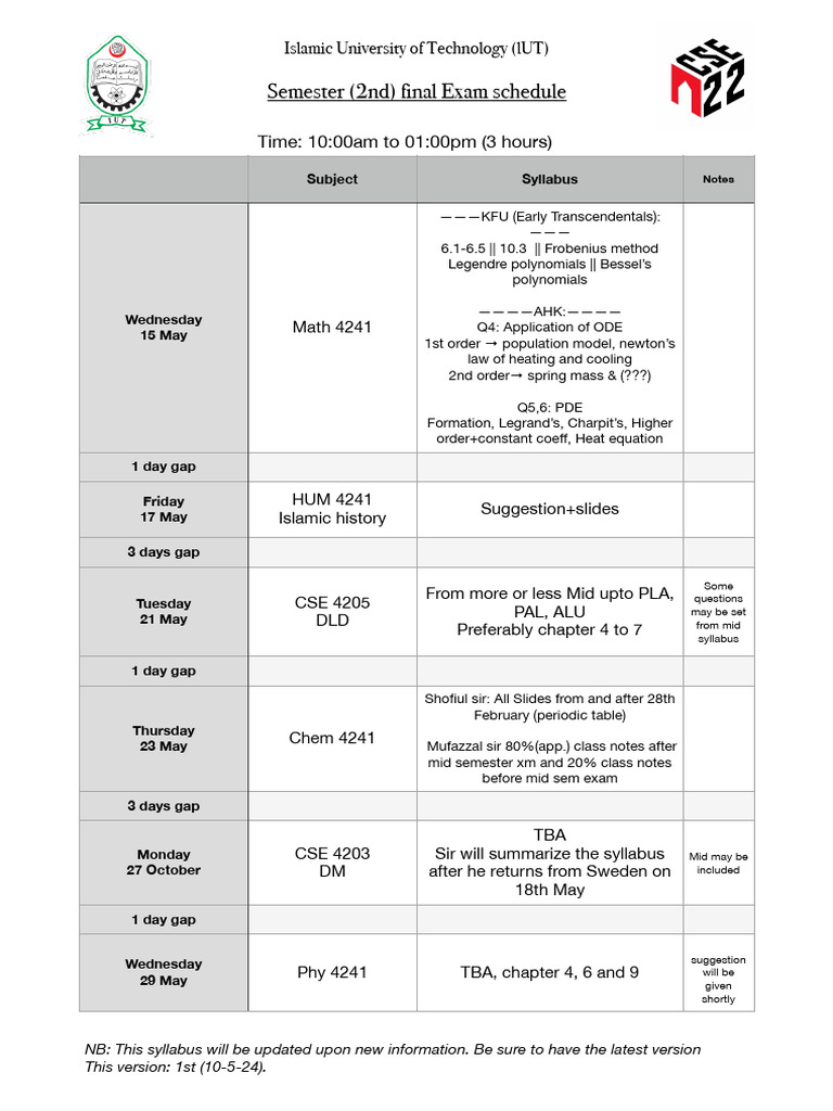 IUT Semester 2 Final Exam Schedule | PDF | Algebra | Equations