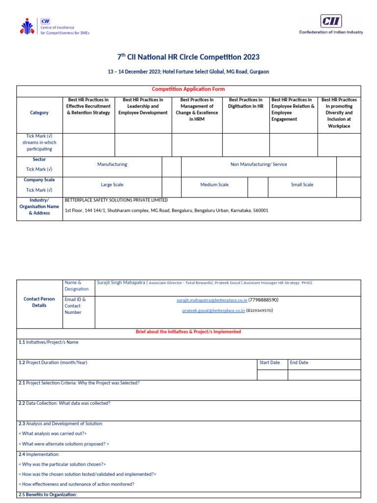 CII HR Circle Competition Application Form | PDF | Industrial ...