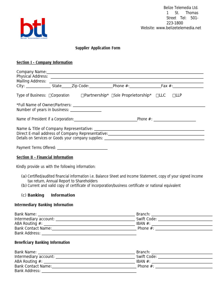 Supplier Application Form | PDF | Banks | Email Address