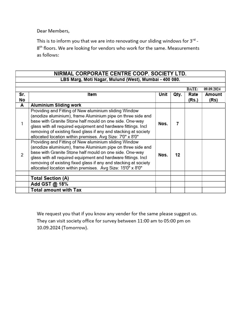 Request for Sliding Window Vendors | PDF