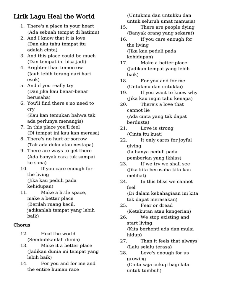 Lirik Lagu Heal The World | PDF