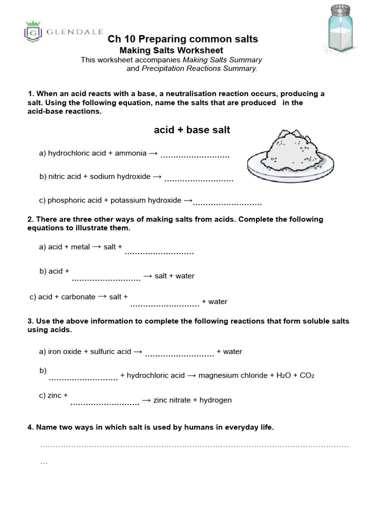 Preparing Common Salts Worksheet | PDF