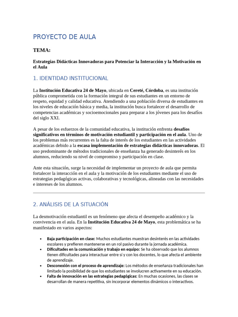 Proyecto de Aula 2025 | PDF | Enseñando | Salón de clases