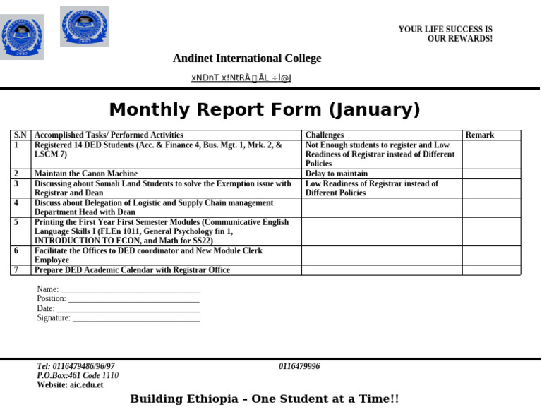 Andinet International College January Report | PDF