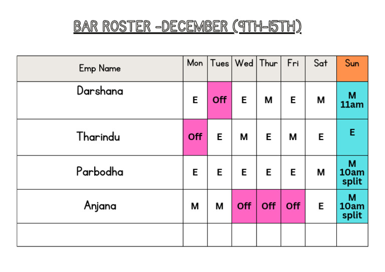 Bar Roster - December (9th-15th) | PDF