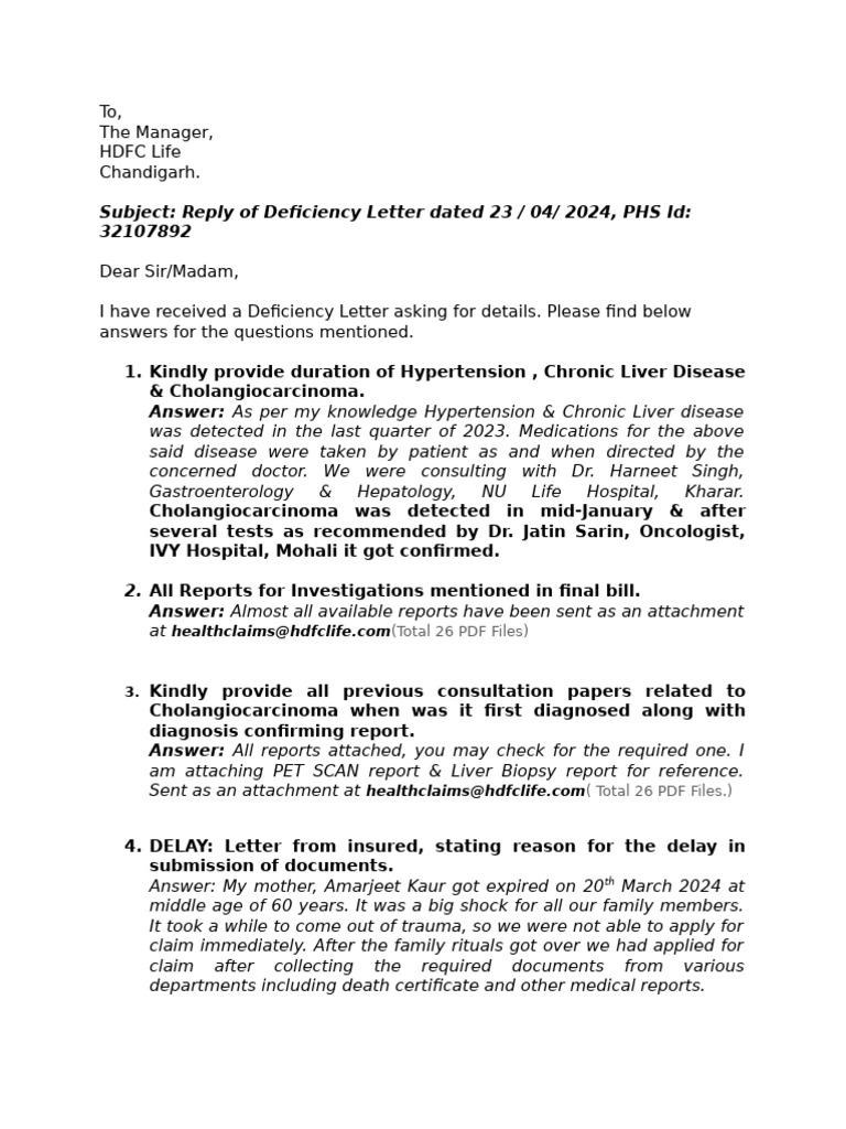 HDFC Life Deficiency Letter Response | PDF | Health Care | Medical ...