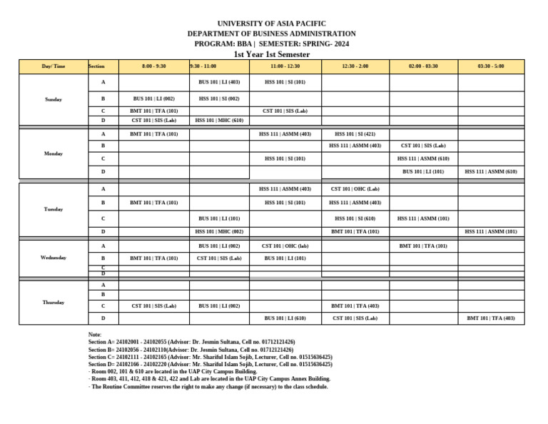 Class Schedule 1st Semester Spring- 2024 | PDF