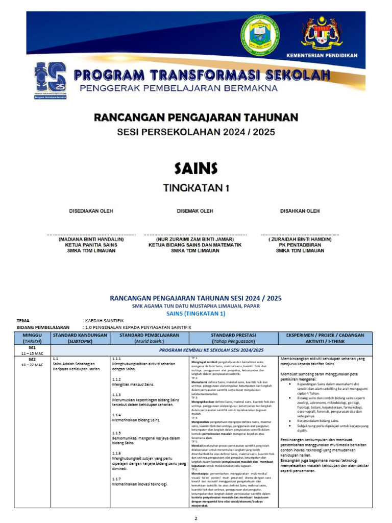 RPT Sains T1 (2024 - 2025) | PDF