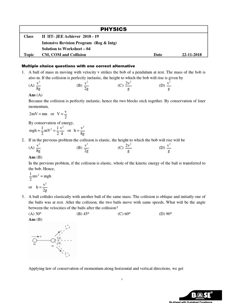 WS-04 (CM, COM and Collision) Q + Soln | PDF | Collision | Momentum