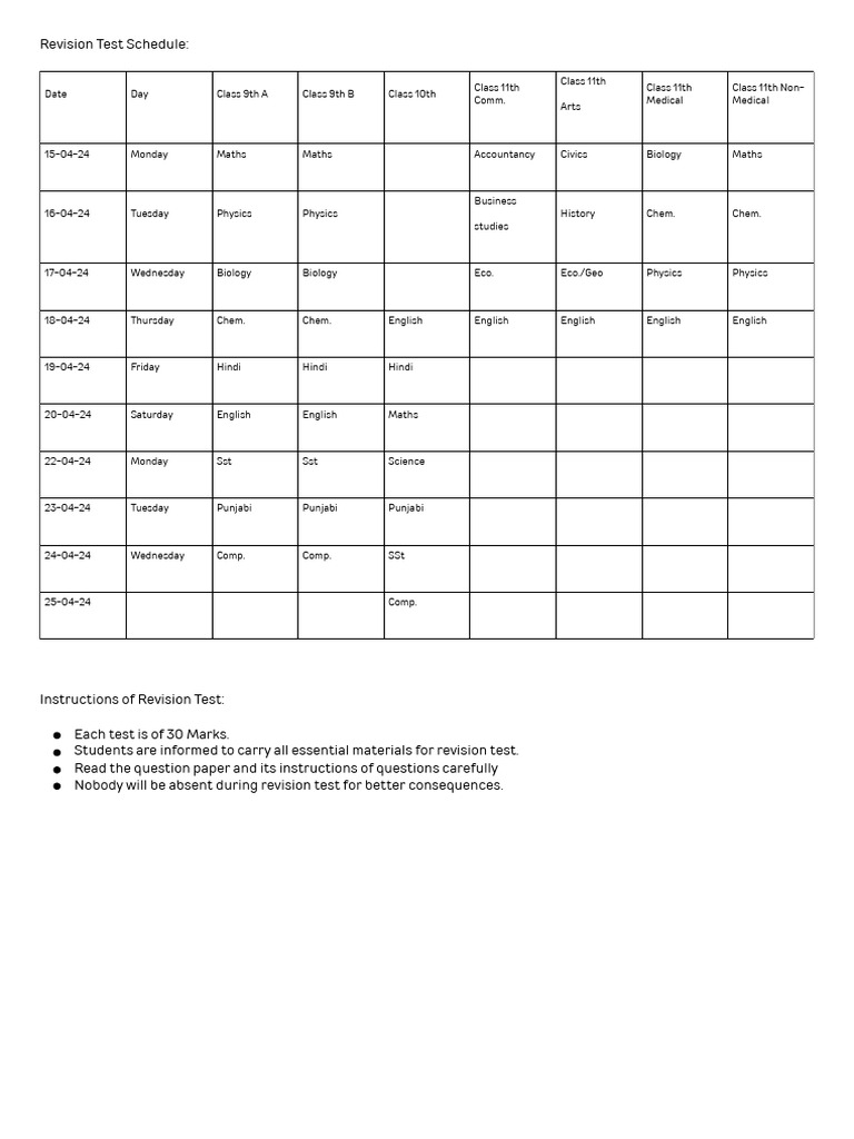 Revision Test Schedule - Docx 20240414 194522 0000 | PDF