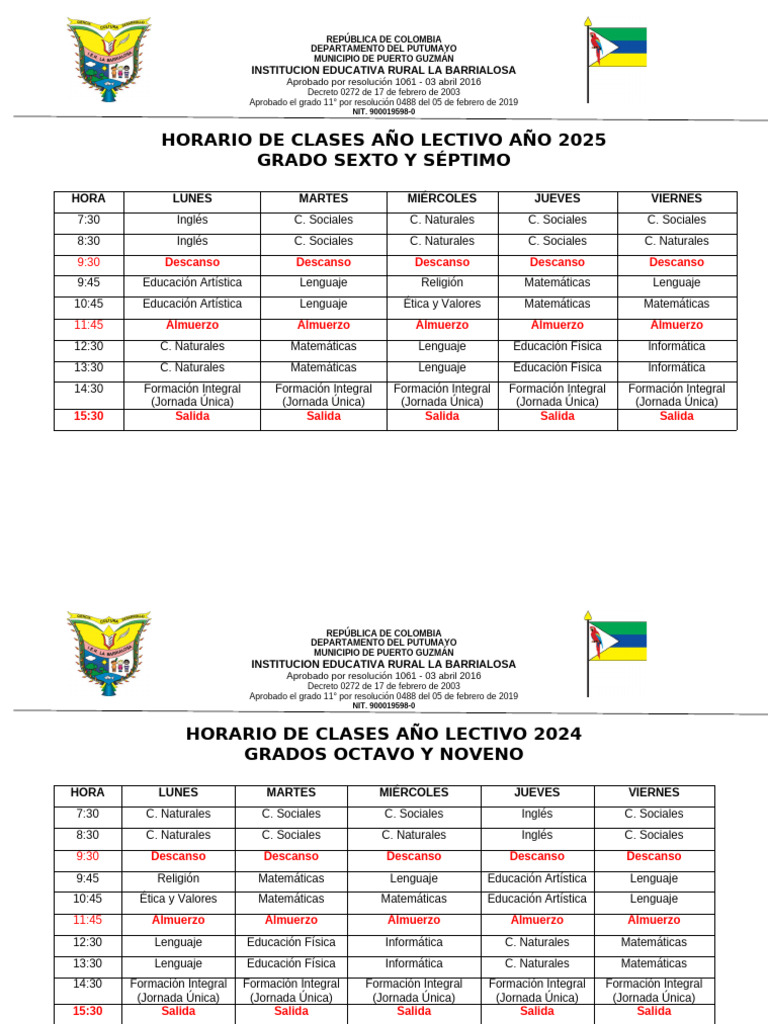Horario Escolar Secundaria 2025 | PDF