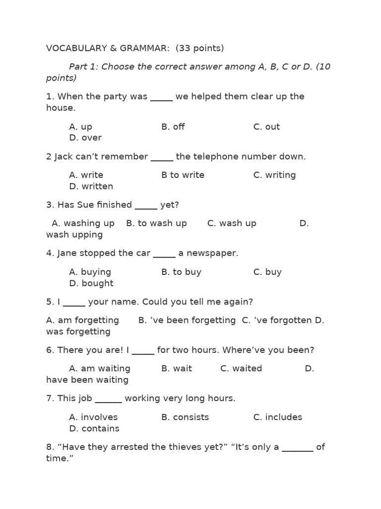 Vocabulary and Grammar Practice Test | PDF