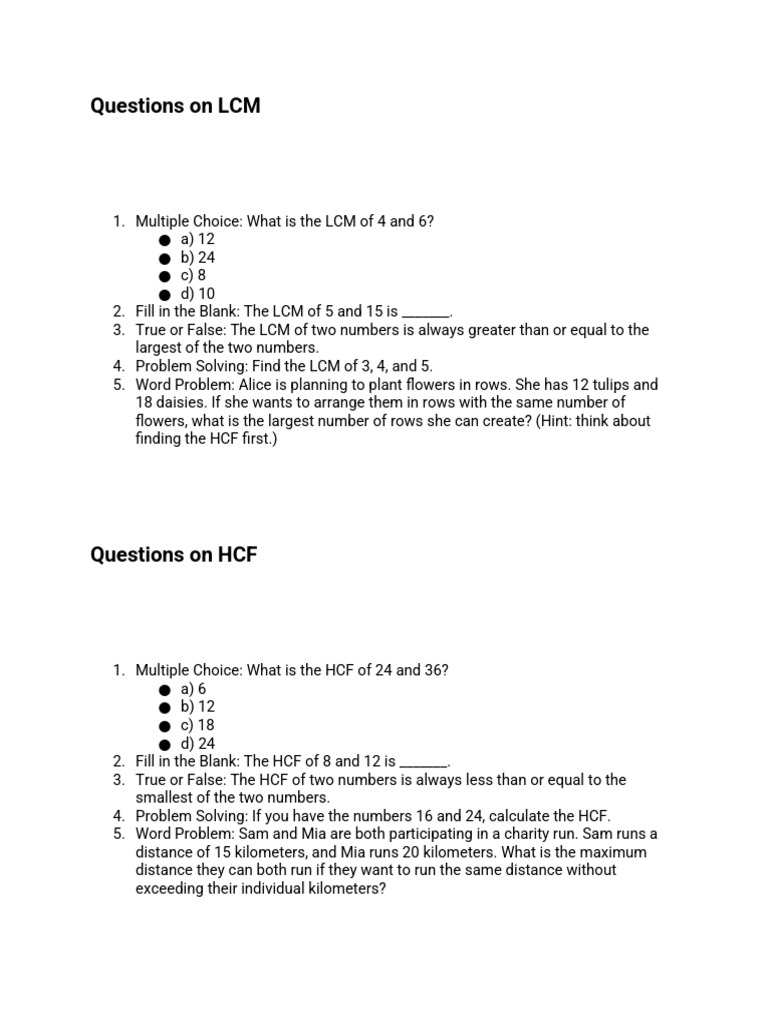 HCF and LCM Questions for Class 6 | PDF