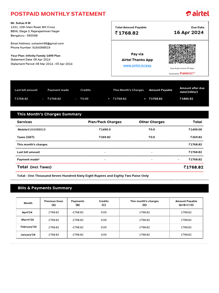 Airtel Infinity Family 1499 Bill Summary | PDF | Payments | Cheque