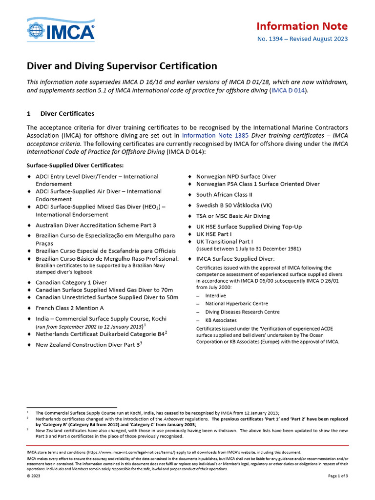 IMCA Diver and Supervisor Certification Guide | PDF | Underwater Diving ...