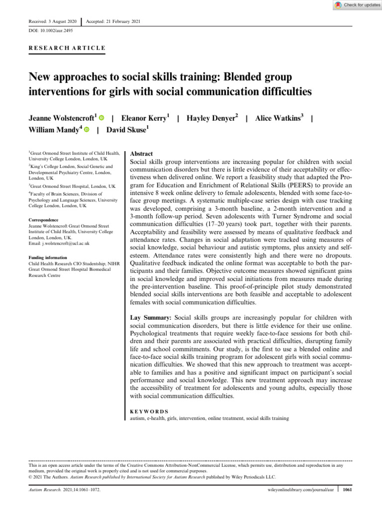 Blended Social Skills Training for Girls | PDF | Autism | Effect Size