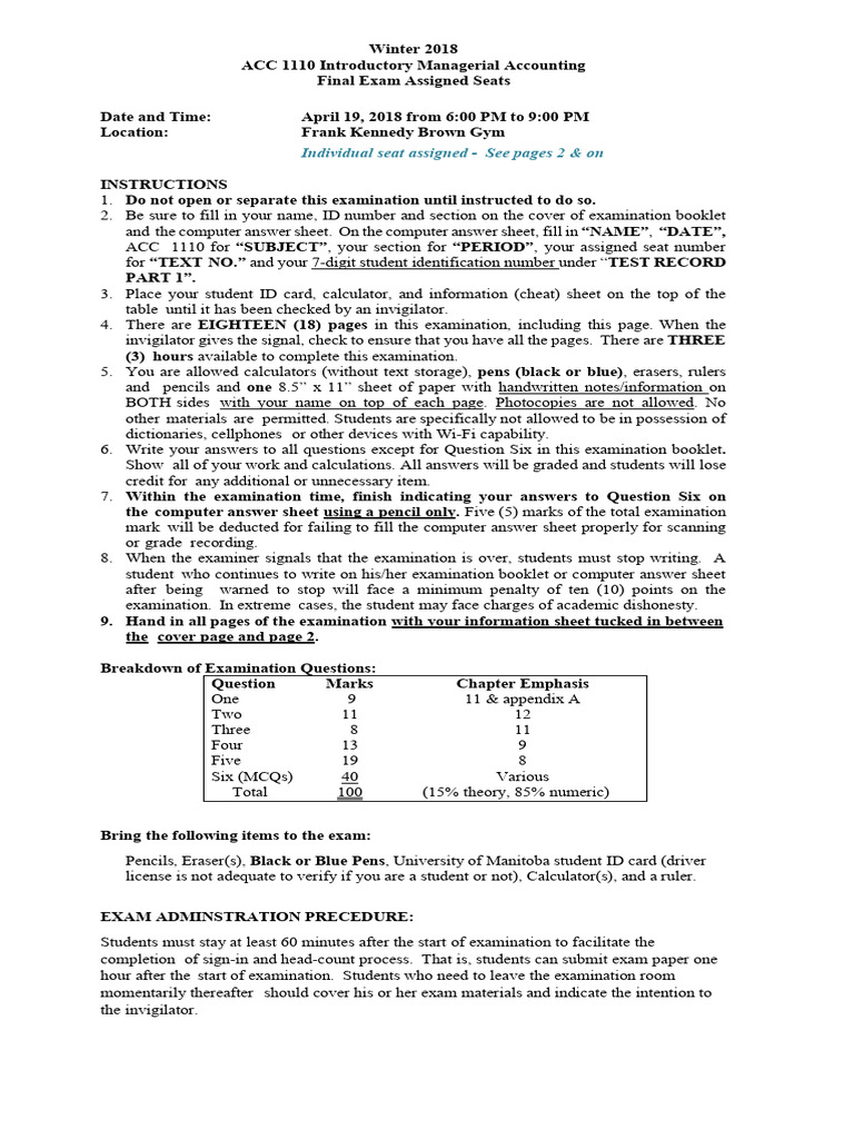 W18 Acc 1110 Final Exam Info V 03 29b | PDF | Tests
